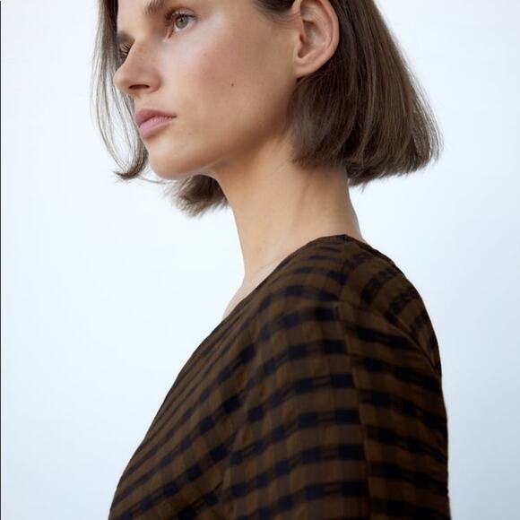 ZARA DRAPED PLAID DRESS BLACK / GREEN - Picture 6 of 10